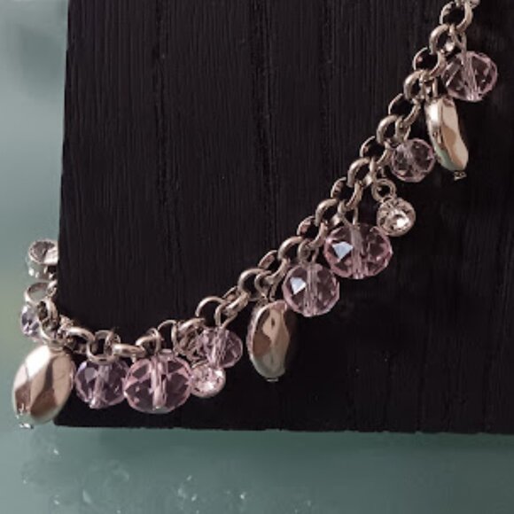 DESIGNER Mod/Contemporary Silver Pale Pink Clear Crystal Charm Rolo Bracelet - Picture 3 of 5
